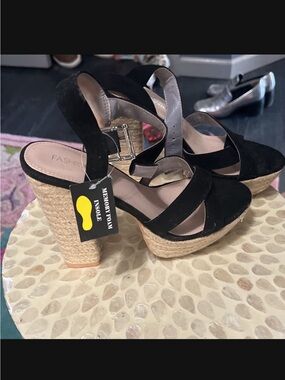 Fashion Nova Black Suede Espadrille Wedge Sandals